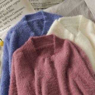 V-neck Furry-knit Sweater In 5 Colors