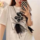 Short-sleeve Flower Detail Bow Print T-shirt