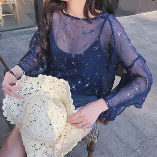 Set: Star Print 3/4 Sleeve Chiffon Shirt + Plain Camisole Top
