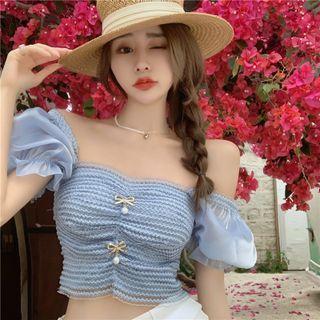 Off-shoulder Paneled Blouse Blue - One Size