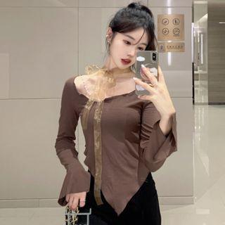 Bell-sleeve Embellished Irregular Crop Top