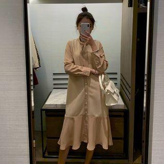 Panel Long-sleeve Tie-neck Button Midi A-line Dress
