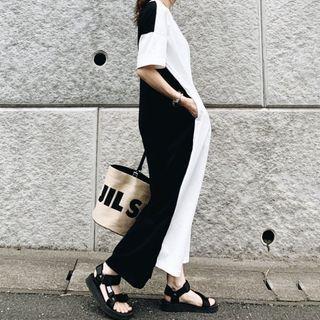Short-sleeve Two Tone Midi Dress White - One Size