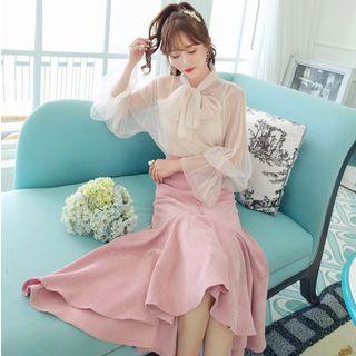 Set: Sheer Blouse + Camisole + Ruffle Trim Midi Skirt