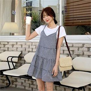 Set: Round-neck T-shirt + Gingham Pinafore Minidress