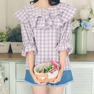 Ruffle Trim Elbow Sleeve Plaid Blouse