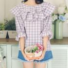 Ruffle Trim Elbow Sleeve Plaid Blouse