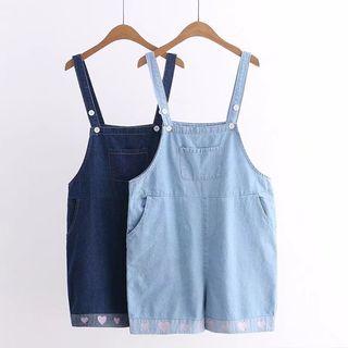 Heart Embroidered Denim Dungaree Shorts