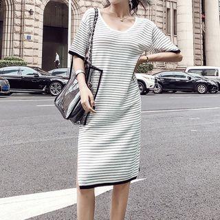 Pinstriped Elbow-sleeve T-shirt Dress