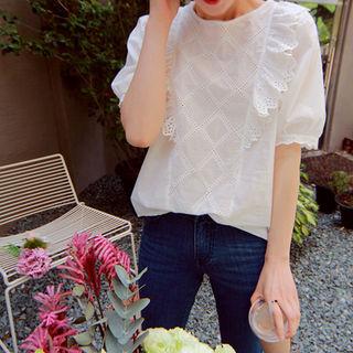 Puff-sleeve Eyelet-lace Trim Top