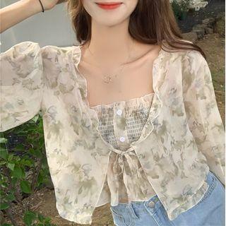 Set: Print Chiffon Camisole Top + Jacket Set Of 2 - Camisole Top & Jacket - Green Floral - Almond - One Size