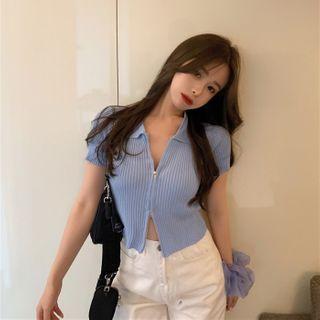 Zip Detail Collared Short-sleeve Knit Top