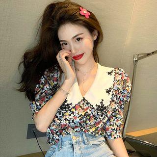 Short-sleeve Floral Print Embroidered Shirt As Shown In Figure - One Size