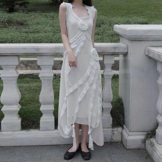 Sleeveless Rose Accent Midi A-line Dress