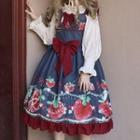 Strawberry Print Sleeveless A-line Dress / Frill Trim Blouse / Triangle Head Scarf