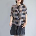 Elbow-sleeve Checker Buttoned Top As Shown In Figure - One Size