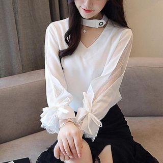 V-neck Mesh Panel Long-sleeve Chiffon Top
