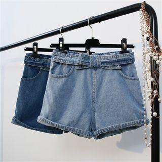 High-waist Bow Belt Denim Shorts