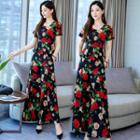 Set:short-sleeve Floral Top + Floral Wide Leg Pants