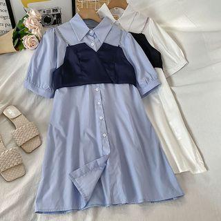 Set: Elbow-sleeve Mini A-line Shirtdress + Camisole Top