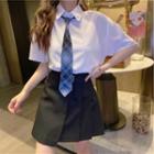 Set: Short-sleeve Shirt + Check Tie + Pleated Skirt