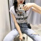 Short-sleeve Lettering Ripped T-shirt / Straight Cut Ripped Jeans