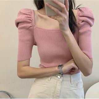 Shirred-sleeve Ribbed Knit Top