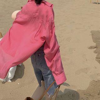 Long-sleeve Plain Shirt Rose Pink - One Size