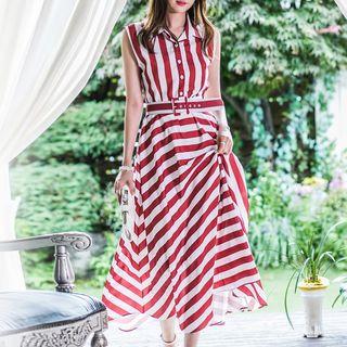 Set: Striped Sleeveless Midi Shirt Dress + Two Tone Belt
