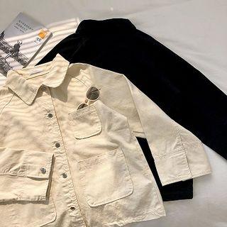 Plain Single-breasted Long-sleeve Cargo Denim Jacket