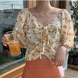 Printed Drawstring Elbow Sleeve Top