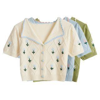 Short Sleeve Floral Embroidered Polo Knit Top