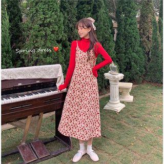 Set : Floral Vest Dress + Long-sleeved Top