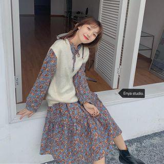 Tie-neck Floral Midi A-line Dress / Plain Sweater Vest