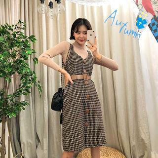 Set: Knit Top + Button-through Pinafore Dress + Belt