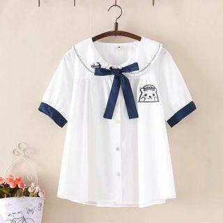 Cartoon Embroidered Bow-neck Blouse White - One Size