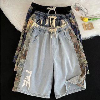 Bear Print Panel Denim Loose Fit Shorts