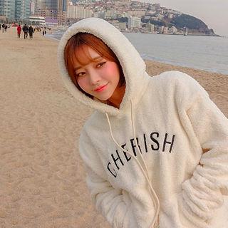 Lettering Drawstring-hem Fleece Hoodie