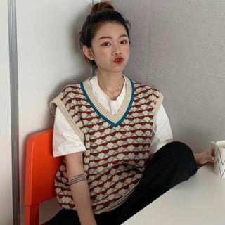 V-neck Pattern Knit Vest As Shown In Figure - One Size