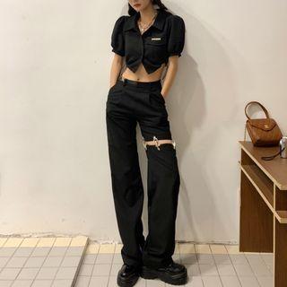 Puff Sleeve Waffle Crop Shirt