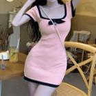 Short-sleeve Bow Accent Mini Sheath Dress Pink - One Size