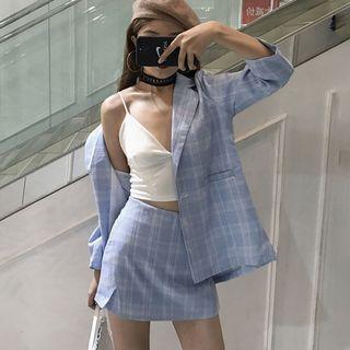3/4-sleeve Plaid Blazer / Mini A-line Skirt