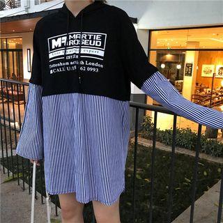 Mock Two Piece Striped Panel Letter Print Loose Hoodie