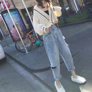 Set: V-neck Striped Cropped Cardigan + Ripped Jeans