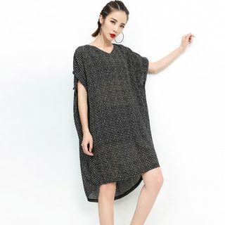Short-sleeve V-neck Plaid Baggy Dress