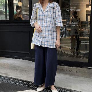Short-sleeve Plaid Shirt / Wide Leg Pants