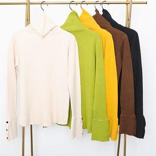 Turtle-neck Button-sleeve Knit Top