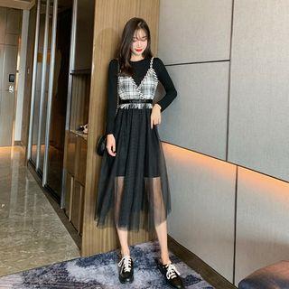 Set: Long-sleeve Mini T-shirt Dress + Spaghetti Strap Paneled Midi Dress