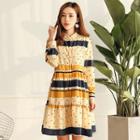 Dotted Striped Band Collar Long Sleeve Dress