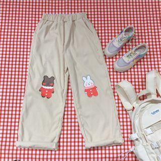 Cartoon Print Corduroy Straight-cut Pants Beige - One Size